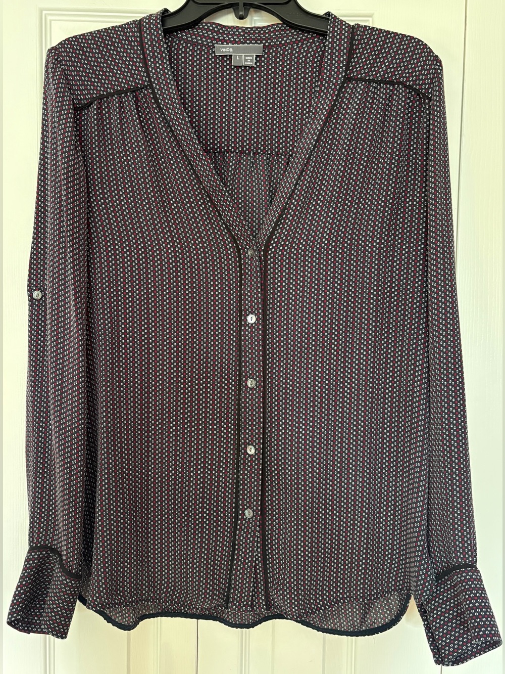 Vince 100% Silk Geometric Print Button Front Blouse Size Large